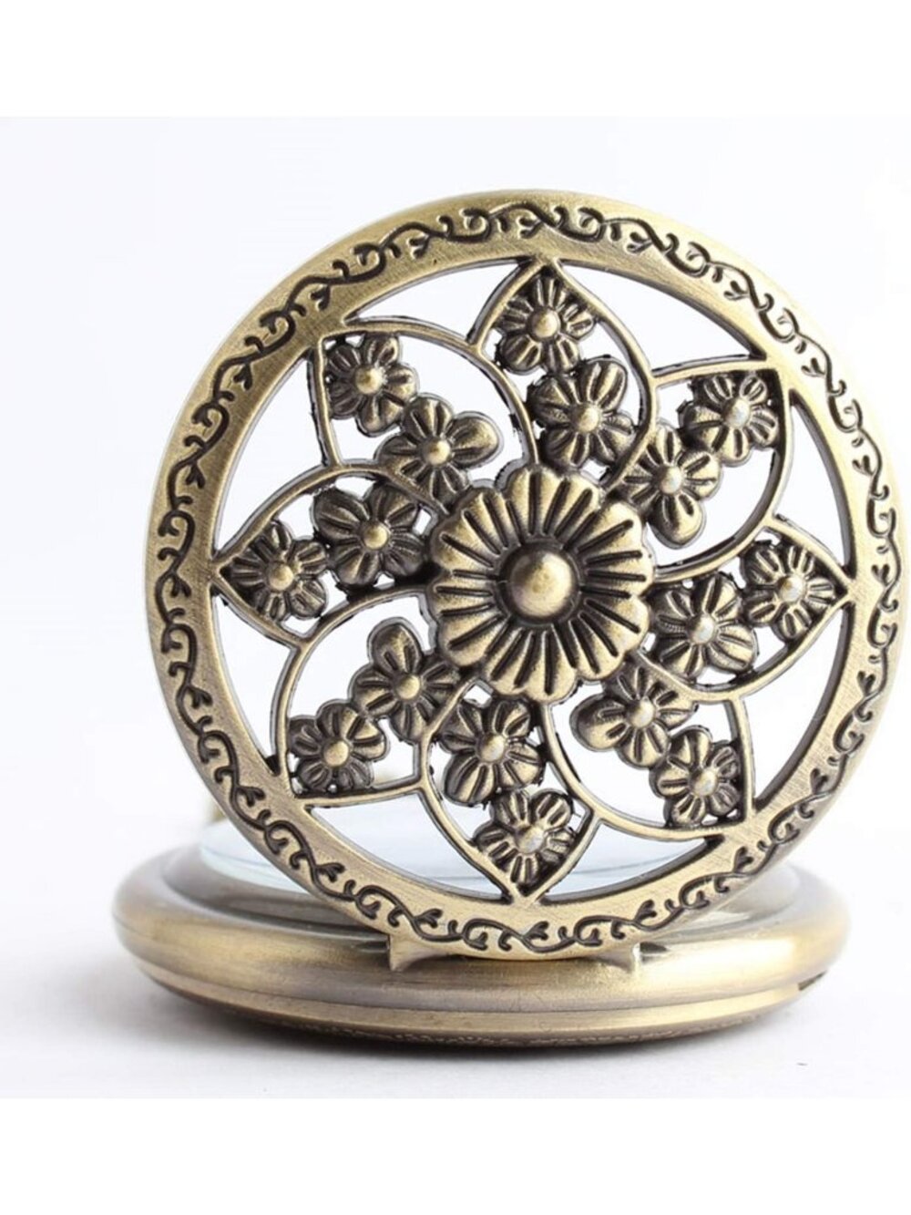 Women's White Quartz Antique Bronze Retro Hollow Rose Flowers Round Pocket Watch - Picture 3 of 6